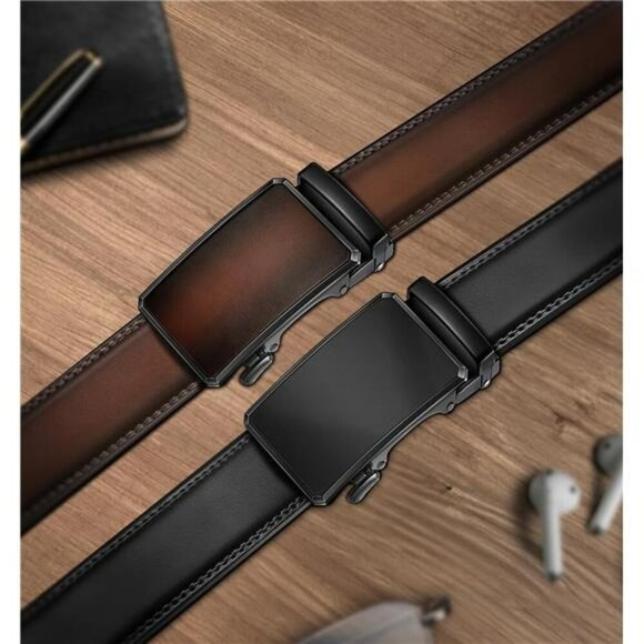 Mens Leather Ratchet Belts Set of 2 Adjustable Slide Buckle Cut to Fit - Picture 2 of 8